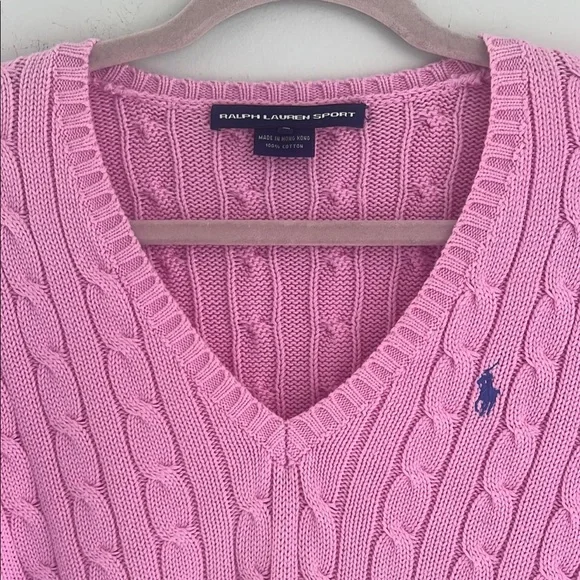 Ralph Lauren classic sport pink cable knit logo sweater slim fit size medium - Picture 10 of 10